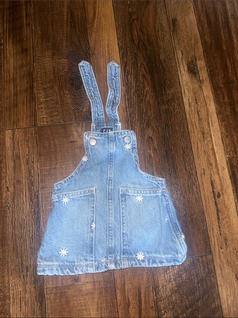 GAP Light Blue Denim Overall Skirt with Daisy Appliqués